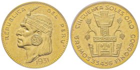 Peru 
50 Soles Inca, 1931, AU 33.47 g. 900‰
Ref : Fr.77, KM#219
Conservation : PCGS MS62