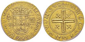 Portugal
Filipe II 1598-1621
4 Cruzados ou 1600 Réis, Lisbon, AU 12.09 g.
Avers : Écusson couronné; B à gauche; IIII à droite
Revers : Croix avec cinq...