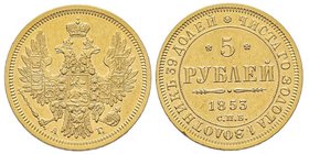 Russia
Alexander II 1855-1881
5 Roubles, St. Petersburg, 1853 AΓ, AU 6.54 g.
Ref : Bit. 36, Fr. 155
Conservation : traces de nettoyage sinon presque S...