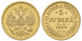 Russia
Alexander II 1855-1881
5 Roubles, St. Petersburg, 1880 CПБ-HФ, AU 6.53 g.
Ref : Bit. 29, Fr.163
Conservation : Superbe
