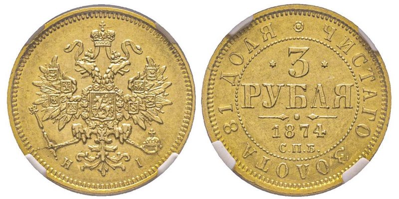 Russia
Alexander II 1855-1881
3 Roubles, 1874 СПБ-НI, AU 4.00 g.
Ref : Fr. 164, ...