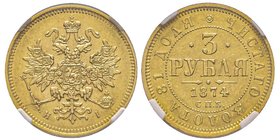 Russia
Alexander II 1855-1881
3 Roubles, 1874 СПБ-НI, AU 4.00 g.
Ref : Fr. 164, Bit 36, KM-Y#26
Conservation : NGC UNC details, traces de nettoyage au...