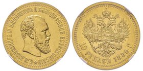 Russia
Alexandre III 1881-1894
10 Roubles, 1889 AГ, AU 6.45 g. 
Ref : Bitkin 18, Fr. 167, Uzd. 299, Severin 537,
Conservation : NGC AU58. Très Rare. S...