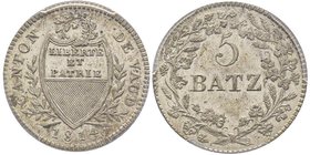 Switzerland
5 Batzen, Canton de Vaud, 1814, Billon 2.5 g.
Ref : HMZ2 2-1002i, KM#8
Conservation : PCGS MS64