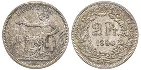 Switzerland
2 Francs, Bern, 1860 B, AG 10 g.
Ref : HMZ 2-1201c, KM#10a 
Conservation : PCGS MS66