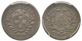 Switzerland
Rappen, Bern, 1855, Billon 0.7 g.
Ref : HMZ 2-1215e, KM#3.1
Conservation : PCGS AU55. Superbe