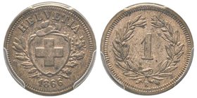 Switzerland
1 Rappen, Bern, 1866, Billon 0.7 g.
Ref : HMZ-21215j, KM#3.1
Conservation : PCGS MS64 RB