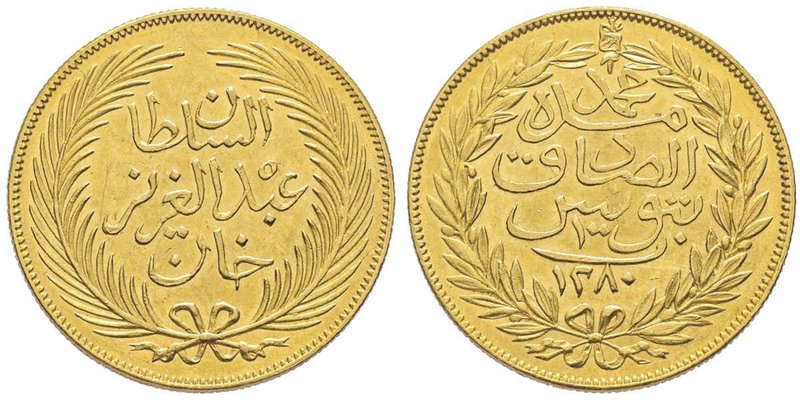 Tunisia
Muhammad Al-Sadiq Bey 1859-1882
100 Piastres, 1280 AH (1863/1864) AU 19....