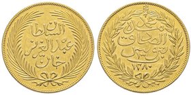 Tunisia
Muhammad Al-Sadiq Bey 1859-1882
100 Piastres, 1280 AH (1863/1864) AU 19.52 g. 
Ref : Fr. 1, KM#149
Ex Vente NGSA 4, 11 Decembre 2006, lot 1589...