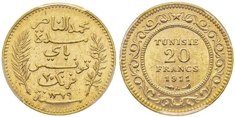 Tunisia
Mohamed En-Naceur, Bey, 1324-1340 H. (1906-1922)
20 Francs, AH 1329, 191...
