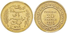 Tunisia
Mohamed En-Naceur, Bey, 1324-1340 H. (1906-1922)
20 Francs, AH 1329, 1911, AU 6.45 g. 900 ‰ 
Ref : Lec. 467, Fr.12 , KM#241
Conservation : PCG...