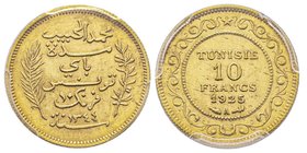 Tunisia
Mohamed El Habib, Bey, 1340-1348 H. (1922-1929)
10 Francs, AH 1344, 1925, AU 3.22 g.
Ref : Lec. 439, Fr. 13, KM#251
Conservation : PCGS MS62
Q...