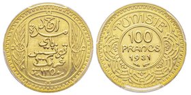 Tunisia
Ahmed Bey 1348-1361 H. (1929-1942)
100 Francs, AH 1350, 1931, AU 6.55 g. 900 ‰ 
Ref : Lec. 490, Fr. 14, KM#257
Conservation : PCGS MS63
Quanti...