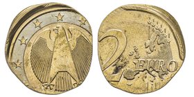 U.E.
Monnaie de 2 euro, Allemagne, ND, erreur de frappe sur coeur, Cu-Zi-Ni 4.12 g.
Conservation : Superbe