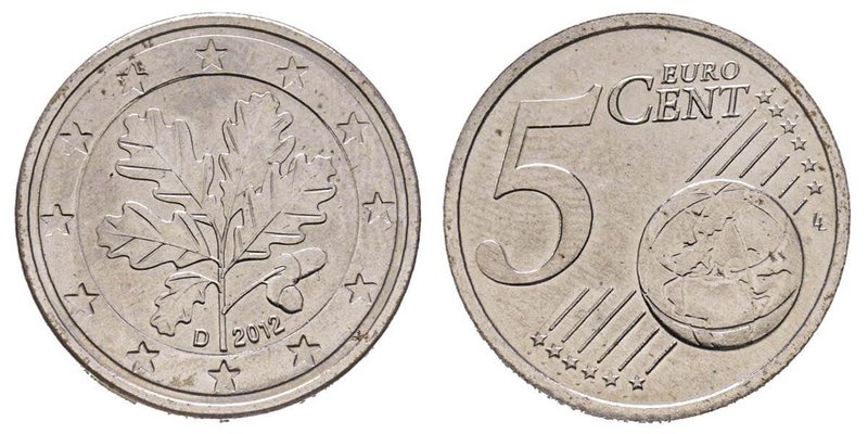 Monnaie de 5 centimes d'euro, Allemagne, 2012 D, essai 
métal blanc 3.65 g.
Cons...