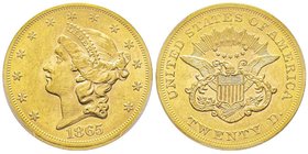 20 Dollars, Philadelphia, 1865, AU 33.43 g.
Ref : Fr. 169, KM#74.1
Conservation : PCGS MS61