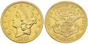 20 Dollars, San Francisco, 1866 S, MOTTO, AU 33.43 g.
Ref : Fr. 172, KM#74.1 
Conservation : PCGS XF45 Motto