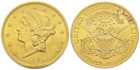 20 Dollars, Philadelphia, 1904, AU 33.43 g.
Ref : Fr. 175, KM#74.2 
Conservation : PCGS MS64