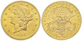 20 Dollars, San Francisco, 1905 S, AU 33.43 g.
Ref : Fr. 172, KM#74.1 
Conservation : PCGS MS62