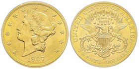 20 Dollars, Denver, 1907 D, AU 33.43 g.
Ref : Fr. 177, KM#74.2 
Conservation : PCGS MS64
