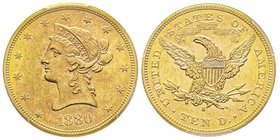 10 Dollars, San Francisco, 1880 S, AU 16.71 g.
Ref : Fr. 160, KM#102 
Conservation : PCGS MS62