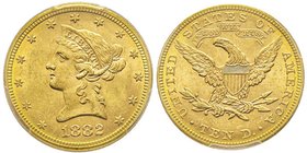10 Dollars, Philadelphia, 1882, AU 16.71 g.
Ref : Fr. 158, KM#102 
Conservation : PCGS MS63