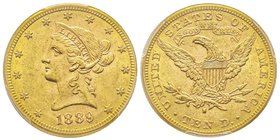 10 Dollars, San Francisco, 1889 S, AU 16.71 g.
Ref : Fr. 160, KM#102 
Conservation : PCGS MS61