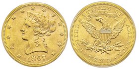 10 Dollars, Philadelphia, 1897, AU 16.71 g.
Ref : Fr. 158, KM#102 
Conservation : PCGS MS63