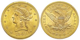 10 Dollars, Philadelphia, 1901, AU 16.71 g.
Ref : Fr. 158, KM#102 
Conservation : PCGS MS64