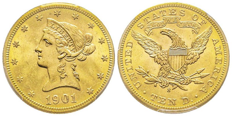 10 Dollars, San Francisco, 1901 S, AU 16.71 g.
Ref : Fr. 160, KM#102 
Conservati...