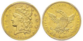 5 Dollars, Philadelphia, 1834, Plain 4, Classic head, AU 8.35 g.
Ref : Fr. 135, KM#57
Conservation : PCGS AU55