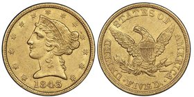 5 Dollars, Philadephia, 1843, AU 8.35 g.
Ref : Fr. 138, KM#69 
Conservation : PCGS AU55