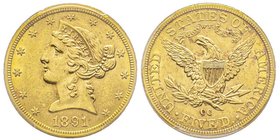 5 Dollars, Carson City, 1891 CC, AU 8.21 g.
Ref : Fr. 146, KM#101 
Conservation : PCGS MS63