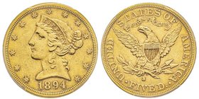 5 Dollars, San Francisco, 1894 S, 8.35 g.
Ref : Fr. 145, KM#129 
Conservation : PCGS AU55