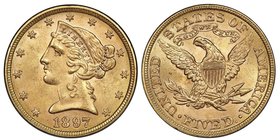 5 Dollars, Philadephia, 1897, AU 8.35 g.
Ref : Fr. 138, KM#69 
Conservation : PCGS MS64+