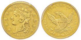 2.5 Dollars, Philadelphia, 1836, Liberty Head with ribbon, Script 8, AU 4.18 g. 
Ref : Fr. 110, KM#56
Conservation : PCGS AU53