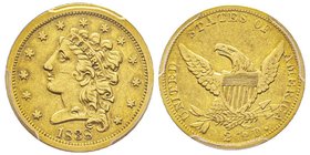 2.5 Dollars, Philadelphia, 1838, Liberty Head with ribbon, AU 4.18 g. 
Ref : Fr. 110, KM#56
Conservation : PCGS XF45