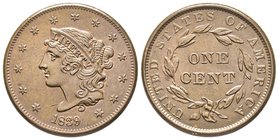 Coronet head Cent, Philadelphia, 1839, Booby head, Cu 10.8 g.
Ref : KM#45
Conservation : FDC