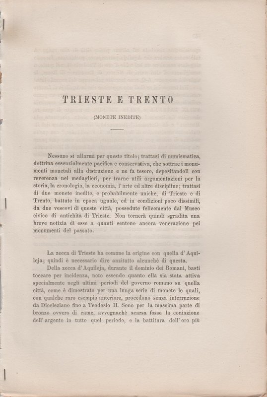 KUNZ Carlo. Trieste e Trento, monete inedite. Trieste, 1877 Cardboard, pp. 12, p...