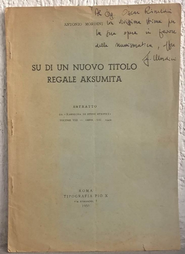 MORDINI Antonio. Su di un nuovo titolo regale aksumita. Roma, 1950. Paperback, p...