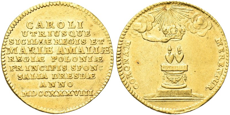 NAPOLI
Carlo di Borbone, 1734-1759.
Carlino o medaglia 1738.
Au gr. 3,47
Dr....