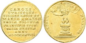 NAPOLI
Carlo di Borbone, 1734-1759.
Carlino o medaglia 1738.
Au gr. 3,47
Dr. CAROLI / UTRIUSQUE / SICILIÆ REGIS ET / MARIÆ AMALIÆ / REGIÆ POLONIÆ ...