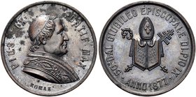 ROMA
Pio IX (Giovanni Maria Mastai Ferretti), 1846-1878.
Medaglia 1877.
Æ gr. 27,68 mm 39,2
Dr. PIUS IX - PONTIF MAX. Busto a d. con mozzetta, zuc...