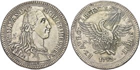 SICILIA
Ferdinando IV (I) di Borbone, 1759-1816.
Oncia da 30 Tarì 1793 (Ex Busso Peuss 27-04-199 N. 1382).
Ag gr. 67,82
Dr. FERDINAN DG SICIL ET H...