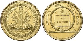 FRANCIA
Prima Repubblica, 1792-1804.
Medaglia Conseil des Anciens, l'An VI (1798).
Æ dorato. gr. 44,50 mm. 50
Dr. RÉPUBLIQUE - FRANÇAISE. Fascio t...