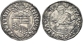 ANCONA
Innocenzo VIII (Giovanni Battista Cybo), 1484-1492.
Bolognino papale.
Ag gr. 0,83
Dr. INNOCEN - TIV P P VIII. Stemma sormontato da tiara e ...