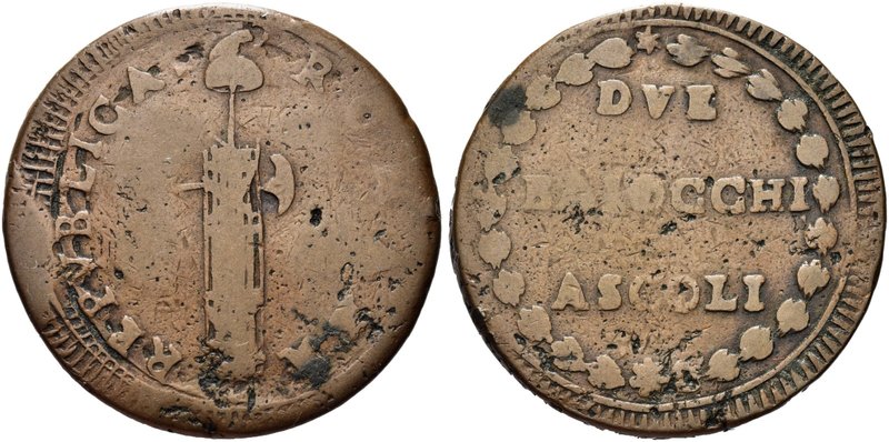 ASCOLI
Prima Repubblica Romana, 1798-1799.
Due Baiocchi.
Æ gr. 17,80
Dr. PEP...