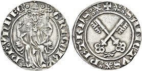 AVIGNONE
Gregorio XI (Pierre Roger de Beaufort), 1370-1378.
Grosso.
Ag gr. 2,60
Dr. GREGORV - PP VNDEC. Il Pontefice, seduto in trono e frontale, ...