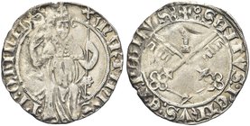 AVIGNONE
Martino V (Oddone Colonna), 1417-1431.
Grosso.
Ag gr. 1,93
Dr. MARTINVS P P QVINTVS. Il Pontefice, seduto in trono e frontale, solleva la...