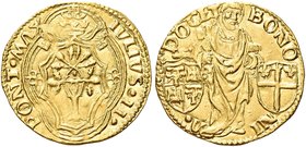 BOLOGNA
Giulio II (Giuliano della Rovere), 1503-1513.
Ducato papale.
Au gr. 3,44
Dr. IVLIVS II - PONT MAX. Stemma in quadribolo sormontato da trir...